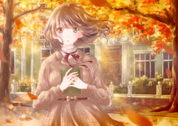 Rule 34 | 1girl, autumn, autumn leaves, blurry, blush, bokeh, book, hugging book, brown dress, brown eyes, brown hair, commentary request, day, depth of field, dress, fingernails, hair blowing, high collar, highres, holding, holding book, hoshiibara mato, house, ironwork, long sleeves, looking at viewer, medium hair, neck ribbon, hugging object, original, outdoors, own hands together, parted lips, ribbon, sash, solo, tree, upper body, wind