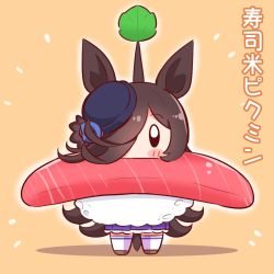 Rule 34 | 1girl, animal ears, blue hat, blush stickers, brown hair, chibi, commentary, fish (food), food, food as clothes, full body, hair over one eye, hat, horse ears, kyou (fr39), long hair, looking at viewer, nintendo, orange background, pikmin (series), pikmin bloom, purple skirt, rice shower (umamusume), sashimi, skirt, solo, sprout on head, sushi, thighhighs, translated, umamusume