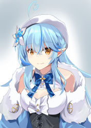 Rule 34 | 1girl, absurdres, ahoge, bare shoulders, beret, blouse, blue background, blue coat, blue hair, coat, commentary request, corset, elf, flower, fur-trimmed coat, fur trim, hair between eyes, hair flower, hair ornament, half updo, hat, heart, heart ahoge, highres, hololive, housei fenoru, long hair, looking at viewer, open clothes, open coat, pointy ears, shirt, sidelocks, simple background, sleeveless, sleeveless shirt, smile, solo, virtual youtuber, white hat, white shirt, yellow eyes, yukihana lamy