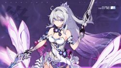 Rule 34 | ahoge, bare shoulders, black gloves, crown, english text, gloves, high ponytail, highres, holding, holding weapon, honkai (series), honkai impact 3rd, kiana kaslana, kiana kaslana (herrscher of finality), looking at viewer, neck flower, official art, official wallpaper, ponytail, purple background, weapon, white hair