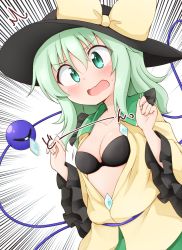 Rule 34 | 1girl, black bra, black hat, blush, bow, bra, breasts, collarbone, commentary request, emphasis lines, frilled shirt collar, frills, green eyes, green hair, green skirt, hands up, hat, hat bow, head tilt, highres, komeiji koishi, long sleeves, looking at viewer, medium breasts, medium hair, open mouth, shirt, simple background, skirt, solo, suwa yasai, sweatdrop, third eye, touhou, translation request, underwear, upper body, white background, wide sleeves, yellow bow, yellow shirt