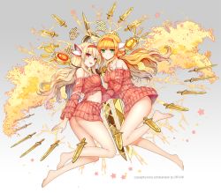 Rule 34 | 2girls, ahoge, arm between breasts, ass, bare legs, bare shoulders, barefoot, between breasts, blonde hair, blush, breasts, dagger, dress, dual persona, electricity, flying, green eyes, hairband, knife, leone (million arthur), long hair, looking at viewer, low twintails, million arthur (series), multiple girls, offcar, official art, red eyes, sleeves past wrists, star (symbol), sweater, sweater dress, torn clothes, twintails, weapon