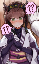 Rule 34 | 10s, 1boy, 1girl, ?, admiral (kancolle), against wall, anchor symbol, black gloves, blush, brown hair, chain, checkered clothes, checkered kimono, clothes writing, elbow gloves, gloves, green eyes, hairband, hatsuzuki (kancolle), head tilt, highres, japanese clothes, kabedon, kantai collection, kimono, long sleeves, looking at viewer, motion lines, okitsugu, pov, ringed eyes, scared, short hair, solo focus, speech bubble, spoken question mark, sweatdrop, teardrop, trembling, upper body, wavy mouth, white gloves, wide sleeves, wooden wall, yukata