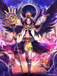 Rule 34 | 10s, 1girl, ankh, black hair, egyptian mythology, facial mark, feathered wings, headpiece, jewelry, lack, looking at viewer, lots of jewelry, midriff, mummy, nephthys, orange eyes, seisen cerberus, solo focus, staff, wings