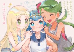 Rule 34 | 3girls, :d, :i, abe (kumayu), bare arms, blonde hair, blue eyes, blue hair, blush, cheek poking, closed eyes, closed mouth, commentary request, creatures (company), dress, eyelashes, freckles, game freak, green eyes, green hair, grey overalls, hairband, hand up, heart, highres, lana (pokemon), lillie (pokemon), locked arms, long hair, mallow (pokemon), multiple girls, nintendo, open mouth, overalls, pokemon, pokemon sm, poking, shirt, short hair, sleeveless, sleeveless dress, sleeveless shirt, smile, sparkle, swept bangs, teeth, translation request, twintails, upper teeth only, white dress, white shirt, yellow hairband