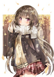 Rule 34 | 1girl, black jacket, blush, brown cardigan, brown hair, cardigan, closed mouth, commentary request, cowboy shot, enpera, fringe trim, ginkgo tree, ginkgo leaf, hair between eyes, hand up, holding, holding leaf, jacket, leaf, long hair, long sleeves, looking at viewer, motoi ayumu, open clothes, open jacket, original, plaid, plaid skirt, pleated skirt, purple eyes, red skirt, scarf, school uniform, skirt, sleeves past wrists, smile, solo, very long hair, white scarf