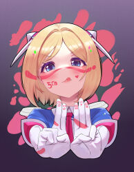 Rule 34 | 1girl, :q, absurdres, aki rosenthal, aki rosenthal (1st costume), ar-khey, blonde hair, blue eyes, blue jacket, blush, bob cut, elbow gloves, facepaint, finger counting, gloves, happy birthday, headgear, highres, hololive, jacket, licking lips, looking at viewer, milestone celebration, parted bangs, short hair, solo, tongue, tongue out, virtual youtuber, white gloves