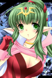Rule 34 | 1girl, blush, breasts, cleavage, fire emblem, fire emblem: mystery of the emblem, fire emblem awakening, gloves, green eyes, green hair, hair ribbon, jewelry, long hair, matching hair/eyes, nintendo, open mouth, pointy ears, ponytail, ribbon, solo, tamagawa yukimaru, tiki (adult) (fire emblem), tiki (fire emblem)