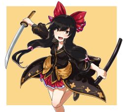Rule 34 | 1girl, arm warmers, bare legs, black footwear, black hair, bow, chiganemaru (tenka hyakken), gold trim, hair bow, highres, holding, holding sword, holding weapon, long hair, long sleeves, low twintails, onasu (sawagani), open mouth, red bow, red skirt, scabbard, sheath, skirt, smile, standing, standing on one leg, sword, tenka hyakken, twintails, wakizashi, weapon, yellow eyes