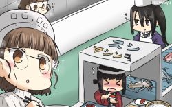 Rule 34 | &gt; &lt;, 10s, 3girls, apron, black hair, blush, brown hair, chef hat, chopsticks, commentary, conveyor belt, dated, closed eyes, fish, flying sweatdrops, food, fubuki (kancolle), glasses, hamu koutarou, happi, hat, headdress, highres, japanese clothes, kantai collection, long hair, multiple girls, nachi (kancolle), open mouth, pince-nez, roma (kancolle), sparkle, squid, sushi, translated