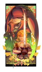 Rule 34 | 1boy, 1girl, blonde hair, bracelet, circlet, colored skin, copyright name, closed eyes, fish girl, forte, highres, holding, holding sword, holding weapon, jewelry, link, long hair, master sword, mipha, necklace, nintendo, own hands together, pointy ears, praying, red hair, red skin, smile, sword, the legend of zelda, the legend of zelda: breath of the wild, weapon