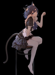 Rule 34 | 1girl, absurdres, alternate costume, animal ear fluff, animal ears, apron, black background, black dress, black hair, blue eyes, blue hair, cat ears, cat girl, cat tail, dress, enmaided, frilled apron, frills, full body, highres, honkai (series), honkai impact 3rd, kemonomimi mode, looking at viewer, maid, multicolored hair, no shoes, on chair, paw pose, puffy short sleeves, puffy sleeves, seele vollerei, short hair, short sleeves, sitting, solo, tail, thighhighs, two-tone hair, white apron, white thighhighs, yukizawa xueze