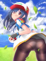 Rule 34 | 1girl, absurdres, alternate color, artist request, ash ketchum, ass, baseball cap, blue hair, blush, breasts, brown eyes, cameltoe, creatures (company), dress, fingerless gloves, from behind, game freak, genderswap, genderswap (mtf), gloves, hat, highres, holding, holding poke ball, long hair, looking at viewer, looking back, nintendo, panties, panties under pantyhose, pantyhose, parted lips, poke ball, pokemon, pokemon (anime), pokemon the movie: the power of us, shiny clothes, sideboob, small breasts, solo, underwear