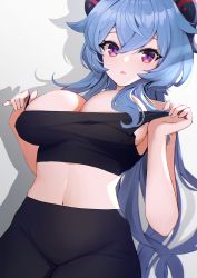 Rule 34 | 1girl, ankkoyom, bare arms, bare shoulders, black pants, blue hair, blush, breasts, cleavage, cowboy shot, ganyu (genshin impact), genshin impact, highres, horns, large breasts, long hair, looking at viewer, navel, pants, pulled by self, purple eyes, simple background, solo, sports bra, strap pull, twitter username, very long hair, white background, yoga pants