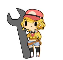 Rule 34 | 10s, 1girl, chaobu, chibi, cidney aurum, curly hair, final fantasy, final fantasy xv, goggles, hat, midriff, navel, short hair, simple background, solo, thighhighs, white background, wrench