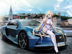 Rule 34 | 1girl, absurdres, azur lane, backless leotard, bare shoulders, blonde hair, blue eyes, breast cutout, breasts, brest (azur lane), car, cleavage cutout, clothing cutout, covered navel, ds, ds e-tense, elbow gloves, elf, gloves, high heels, highres, kcar66t, large breasts, leotard, long hair, motor vehicle, pointy ears, race queen, sitting on car, sports car, thighhighs, white leotard, white thighhighs