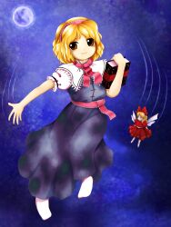 Rule 34 | 2girls, alice margatroid, blonde hair, blue background, book, bow, brown eyes, closed mouth, commentary request, doll, dress, full body, full moon, grimoire of alice, hair bow, hairband, highres, holding, holding book, imperishable night, long dress, looking at viewer, medium hair, moon, motion lines, multiple girls, neck ribbon, night, night sky, no shoes, parasite oyatsu, puffy short sleeves, puffy sleeves, purple dress, red bow, red dress, red hairband, red ribbon, ribbon, shanghai doll, short sleeves, sky, smile, socks, touhou, white socks, wings, zun (style)
