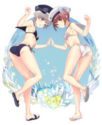 Rule 34 | 10s, 2girls, alternate costume, ass, bad id, bad pixiv id, bikini, blue bikini, blue eyes, breasts, brown eyes, brown hair, cosplay, fumako, hands together, hat, highres, kantai collection, matching outfits, multiple girls, no socks, open mouth, sailor bikini, sailor collar, sailor hat, sandals, short hair, silver hair, small breasts, smile, swimsuit, white bikini, white hat, z1 leberecht maass (kancolle), z3 max schultz (kancolle), z3 max schultz (kancolle) (cosplay)