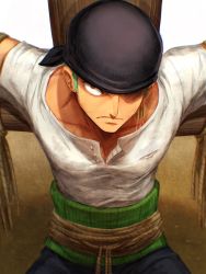 Rule 34 | 1boy, bandana, black bandana, blouse, bound, commentary request, earrings, glaring, green eyes, green hair, highres, jewelry, looking at viewer, oekakiboya, one piece, roronoa zoro, serious, shirt, short hair, solo, standing, tied up (nonsexual), torn clothes, torn shirt, white shirt