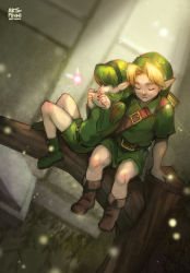 Rule 34 | 1boy, 1girl, boots, fairy, finni chang, forest, green eyes, green footwear, green hair, hairband, instrument, link, nature, nintendo, ocarina, pointy ears, saria (zelda), short hair, sleeping, the legend of zelda, the legend of zelda: ocarina of time