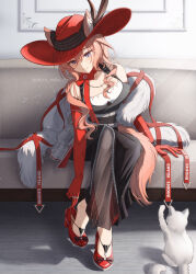 Rule 34 | 1girl, animal ears, arknights, blue eyes, bow, breasts, cat, cat ears, cleavage, couch, ears through headwear, feather boa, hat, hat feather, heidi (arknights), high heels, large breasts, long skirt, medium breasts, pink hair, putting on shoes, red bow, red hat, shironekoban, sitting, skirt