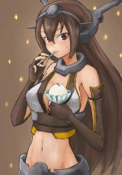 Rule 34 | 10s, 1girl, bare shoulders, brown background, brown hair, eating, elbow gloves, fingerless gloves, food, gloves, headgear, highres, ice cream, kantai collection, long hair, looking at viewer, midriff, nagato (kancolle), navel, okitsugu, red eyes, solo, sparkle, spoon, sweat, utensil in mouth