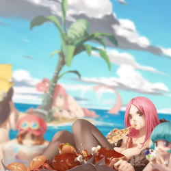 Rule 34 | 5girls, alvida (one piece), b.bor, back, bad id, beach, between breasts, black hair, black legwear, blue hair, blue sky, blunt bangs, blurry, breasts, brown hair, burger, cleavage, cloud, day, eating, food, food on body, food on face, giant, giantess, goggles, goggles on headwear, grin, hat, highres, holding, holding food, ice cream, innertube, jewelry bonney, koala (one piece), large breasts, leaning forward, long hair, lying, map, meat, mermaid, monocle, monster girl, multiple girls, ocean, on back, one piece, outdoors, pantyhose, pin, pink hair, pizza, sausage, sexually suggestive, shirahoshi, short hair, shrimp, skewer, sky, smile, solo focus, sugar (one piece), swim ring, tears, topfreedom, topless, umbrella
