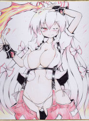 Rule 34 | 1girl, adapted costume, areola slip, arm up, blush, bow, breasts, cleavage, colored pencil (medium), colorized, covered erect nipples, female focus, fingerless gloves, fire, fujiwara no mokou, gloves, groin, hair bow, large breasts, long hair, no bra, okiraku nikku, one eye closed, panties, red eyes, revealing clothes, shikishi, side-tie panties, smile, solo, string panties, suspenders, touhou, traditional media, underwear, very long hair, white panties, wink