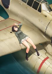 Rule 34 | 1girl, a9b (louis814), absurdres, aircraft, airplane, black legwear, braid, brown eyes, brown footwear, brown hair, buttons, highres, looking at viewer, luminous witches, lying, military, military uniform, ocean, one eye closed, pocket, shibuya inori, skirt, solo, uniform, world witches series