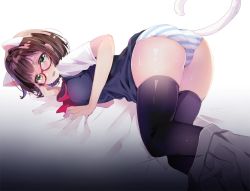Rule 34 | 10s, 1girl, adjusting eyewear, animal ears, arm support, ass, bed sheet, black thighhighs, blush, bow, bowtie, brown hair, cat ears, cat tail, chocho (homelessfox), clothes pull, embarrassed, full-face blush, glasses, green eyes, grey skirt, idolmaster, idolmaster cinderella girls, kemonomimi mode, kneepits, looking at viewer, maekawa miku, panties, red-framed eyewear, red bow, red bowtie, shiny skin, short hair, short sleeves, simple background, skirt, skirt pull, solo, striped clothes, striped panties, sweat, tail, thighhighs, top-down bottom-up, underwear, white background