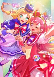 Rule 34 | 2girls, :d, ;d, aqua hair, arm up, blonde hair, blush, bow, braid, bright pupils, brooch, capelet, crown, cure friendy, cure wonderful, dot nose, dress, earrings, fingernails, hairband, heart, heart brooch, highres, inukai iroha, inukai komugi, jewelry, long hair, looking at viewer, magical girl, mini crown, multicolored background, multicolored hair, multiple girls, n-bata, one eye closed, open mouth, pantyhose, paw pose, paw print, petticoat, pink bow, pink capelet, pink dress, pink hair, pouch, precure, puffy sleeves, purple bow, purple capelet, purple dress, purple eyes, purple hairband, purple pantyhose, short dress, smile, streaked hair, striped, striped bow, twin braids, two-tone hair, two side up, wonderful precure!, wrist cuffs, yellow hairband