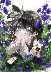 Rule 34 | 1girl, absurdres, black hair, black skirt, black vest, blue eyes, blush, bow, collared shirt, cuts, earrings, fingernails, flower, grass, grey bow, hair bow, hair ornament, hairclip, head on hand, highres, injury, jewelry, kayon (touzoku), leaning, light smile, long sleeves, looking at viewer, medium hair, on grass, original, parted lips, pleated skirt, purple flower, red bow, red nails, scratches, self-harm, shirt, signature, skirt, solo, upper body, vest, white background, white shirt