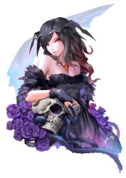 Rule 34 | 1girl, bare shoulders, black hair, circlet, flower, goth fashion, highres, jewelry, long hair, looking at viewer, necklace, original, patipat asavasena, red eyes, skull, smile, solo