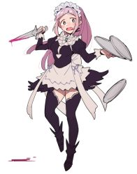 Rule 34 | 1girl, apron, black dress, black footwear, black thighhighs, blood, blunt bangs, blush, breasts, do m kaeru, dress, felicia (fire emblem), female focus, fire emblem, fire emblem fates, full body, green eyes, holding, holding sword, holding tray, holding weapon, juliet sleeves, long hair, long sleeves, looking at viewer, maid, maid headdress, medium breasts, nintendo, open mouth, pink hair, ponytail, puffy sleeves, short sword, simple background, solo, straight hair, sword, thighhighs, tray, waist apron, weapon, white apron, white background, zettai ryouiki