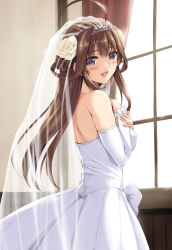 Rule 34 | 10s, 1girl, :d, back, bare shoulders, black eyes, breasts, bridal veil, bride, brown hair, curtains, detached sleeves, double bun, dress, flower, hair flower, hair ornament, jewelry, kantai collection, kongou (kancolle), long hair, looking back, nakano sora, open mouth, personification, ring, smile, solo, sunlight, veil, wedding dress, window