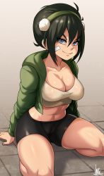 Rule 34 | 1girl, absurdres, alternate breast size, alternate universe, avatar legends, bandage on face, bandages, bandaid, bandaid on face, black hair, blind, blue eyes, breasts, cameltoe, cleavage, cleft of venus, contemporary, highres, jacket, jmg, large breasts, looking at viewer, no bra, shorts, sitting, skindentation, smile, solo, thighs, toph bei fong