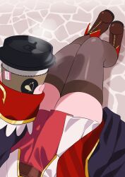 Rule 34 | 1girl, belt, black jacket, boots, brown belt, brown footwear, brown thighhighs, coffee cup, commentary request, cup, disposable cup, female pov, foreshortening, gold trim, highres, holding, hololive, houshou marine, houshou marine (1st costume), jacket, legs, legs together, lower body, outdoors, pleated skirt, pov, red skirt, shadow, shiny clothes, sitting, skindentation, skirt, sleeves past wrists, soh himitsuki, solo, steam, thighhighs, thighs, virtual youtuber