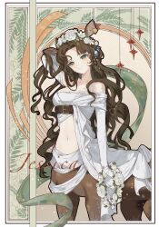 Rule 34 | 1girl, animal ears, arm up, bare shoulders, belt, breasts, bridal gauntlets, brown belt, brown hair, centauroid, jessica (reverse:1999), character name, chinese commentary, cleavage, closed mouth, collarbone, commentary request, cowboy shot, deer ears, dress, ear tag, flower, green eyes, hair flower, hair ornament, head wreath, highres, holding, holding wreath, long hair, looking at viewer, medium breasts, midriff, navel, parted bangs, reverse:1999, rose, sidelocks, smile, solo, standing, taur, underbust, wavy hair, white dress, white flower, white rose, ya (witchroy)