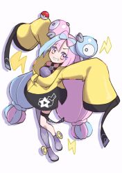 Rule 34 | 1girl, boots, character hair ornament, commentary request, creatures (company), full body, game freak, grey footwear, grey pantyhose, grey shirt, hair ornament, highres, hiisu (s-1104-d), iono (pokemon), jacket, long hair, looking at viewer, multicolored hair, nintendo, pantyhose, poke ball, poke ball (basic), pokemon, pokemon sv, sharp teeth, shirt, single leg pantyhose, sleeveless, sleeveless shirt, sleeves past fingers, sleeves past wrists, smile, solo, teeth, thigh strap, twintails, two-tone hair, yellow jacket