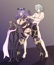 Rule 34 | 1boy, 1girl, armor, breasts, camilla (fire emblem), clothed female nude male, clothed sex, corrin (fire emblem), corrin (male) (fire emblem), dick hammersmith, fire emblem, fire emblem fates, gradient background, hetero, highres, impossible clothes, nintendo, nude, purple hair, pussy, sex, silver hair, uncensored, underwear