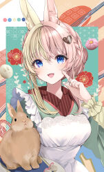 Rule 34 | 1girl, animal ear fluff, animal ears, apron, blue eyes, frills, gradient eyes, green hair, hair ornament, highres, japanese clothes, kimono, looking at viewer, multicolored eyes, multicolored hair, open mouth, original, pink hair, puffy sleeves, puracotte, rabbit, rabbit ears, smile, solo, two-tone hair, white apron