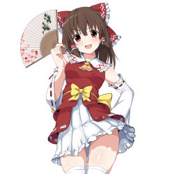Rule 34 | &gt;:d, 1girl, :d, ascot, bare shoulders, blush, bow, brown eyes, brown hair, cookie (touhou), cowboy shot, detached sleeves, folding fan, greatmosu, hair bow, hair tubes, hakurei reimu, hand fan, holding, kanna (cookie), long sleeves, looking at viewer, marisa to alice no cookie storia, open mouth, paper fan, ribbon-trimmed sleeves, ribbon trim, sash, shirt, skirt, skirt set, smile, solo, thighhighs, touhou, v-shaped eyebrows, white thighhighs, wide sleeves