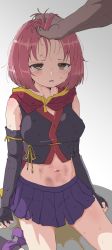 Rule 34 | 1girl, blush, crop top, crying, defeat, drooling, elbow gloves, gloves, grabbing another&#039;s hair, highres, midriff, minamoto momo, navel, peeing, peeing self, pink hair, red eyes, release the spyce, ryona, sincos, skirt, tears, yellow eyes