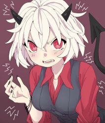 Rule 34 | 1girl, absurdres, banana takemura, black nails, black vest, breasts, collared shirt, commentary, demon tail, english commentary, fang, hand up, helltaker, highres, horns, looking at viewer, malina (helltaker), medium breasts, medium hair, nail polish, open mouth, red eyes, red shirt, shirt, simple background, slit pupils, solo, tail, upper body, vest, white hair