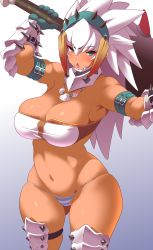 Rule 34 | 1girl, absurdres, aqua eyes, armor, bandeau, barioth (armor), blush, breasts, capcom, covered erect nipples, cowboy shot, helmet, highres, huge breasts, konno tohiro, large breasts, leather (armor), looking at viewer, mane, monster hunter (series), monster hunter rise, no pants, panties, shiny skin, solo, striped clothes, striped panties, tan, underwear