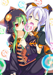 Rule 34 | 2girls, ;q, absurdres, bad id, bad pixiv id, blurry, candy, depth of field, fang, food, green hair, hair ornament, halloween, highres, holding, hood, hoodie, licking, lollipop, multiple girls, nyori, one eye closed, original, ponytail, red eyes, sitting, smile, tongue, tongue out, white hair, yellow eyes