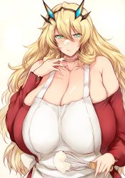 Rule 34 | 1girl, apron, bare shoulders, blonde hair, blush, breasts, cleavage, collarbone, cream, barghest (fate), fate/grand order, fate (series), green eyes, highres, horns, huge breasts, long hair, long sleeves, looking at viewer, off-shoulder sweater, off shoulder, red sweater, smile, solo, sweater, tongue, tongue out, tsukasawa takamatsu, whisk, white apron
