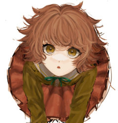 Rule 34 | 1boy, :o, bad id, bad pixiv id, brown hair, brown skirt, commentary request, danganronpa: trigger happy havoc, danganronpa (series), from above, fujisaki chihiro, green ribbon, long sleeves, looking at viewer, male focus, messy hair, neck ribbon, open mouth, ribbon, short hair, simple background, sketch, skirt, solo, trap, white background, wu (shigure uto)