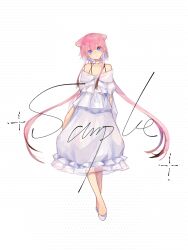 Rule 34 | 1girl, animal ears, bad bcy id, bad id, bare shoulders, blue eyes, brown hair, cat ears, choker, colored tips, criss-cross straps, dress, expressionless, frilled dress, frills, full body, head tilt, high heels, highres, long dress, long hair, looking at viewer, low twintails, multicolored hair, muqiu, off-shoulder dress, off shoulder, original, parted lips, pink hair, polka dot, polka dot background, pumps, sample watermark, short sleeves, sidelocks, simple background, solo, sparkle, standing, twintails, very long hair, watermark, white background, white choker, white dress, white footwear, wide sleeves