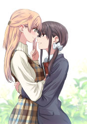 Rule 34 | 2girls, arm around waist, blonde hair, blush, bow, brown hair, closed mouth, commentary request, eye contact, flower, glasses, highres, long hair, looking at another, multiple girls, original, parted lips, pointing, pointing up, rakisuto, scrunchie, teeth, yuri